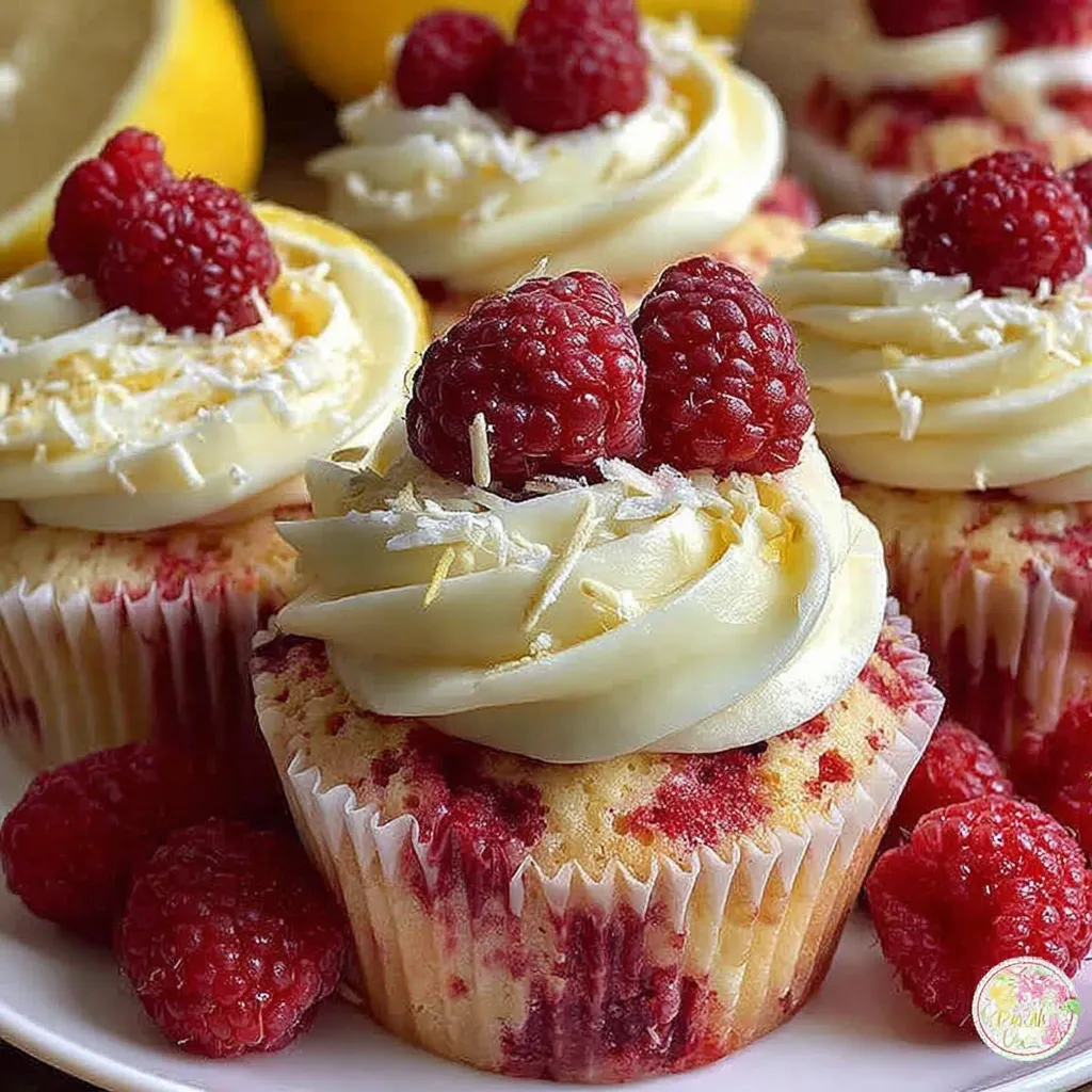 A plate of cupcakes with white frosting and raspberries on top.