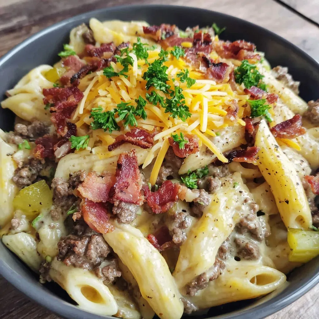 A bowl of pasta with bacon and cheese.
