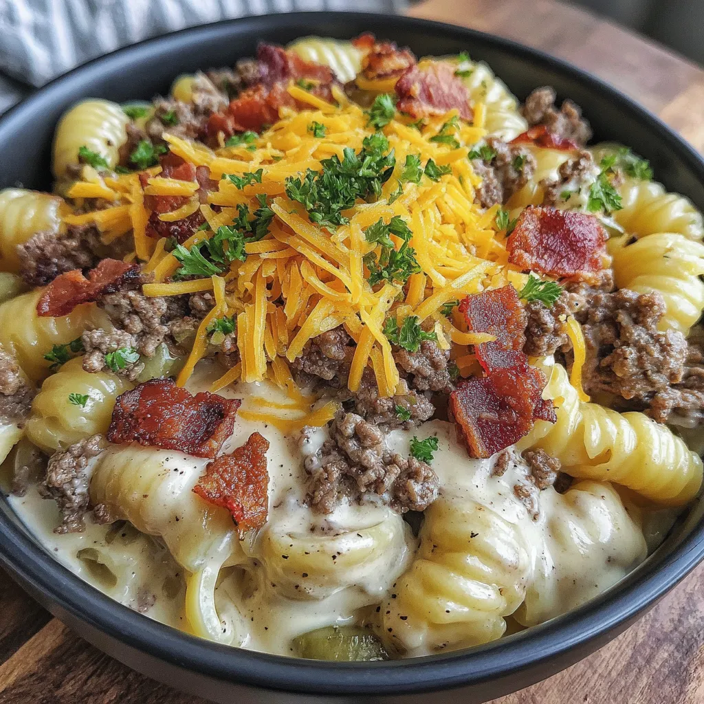 A bowl of pasta with bacon and cheese.