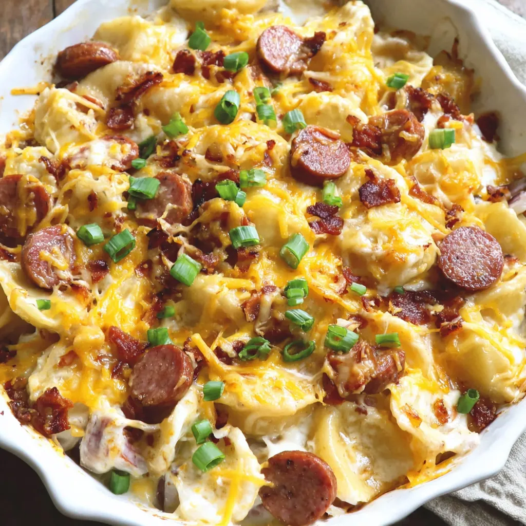 A white bowl filled with a delicious looking casserole.