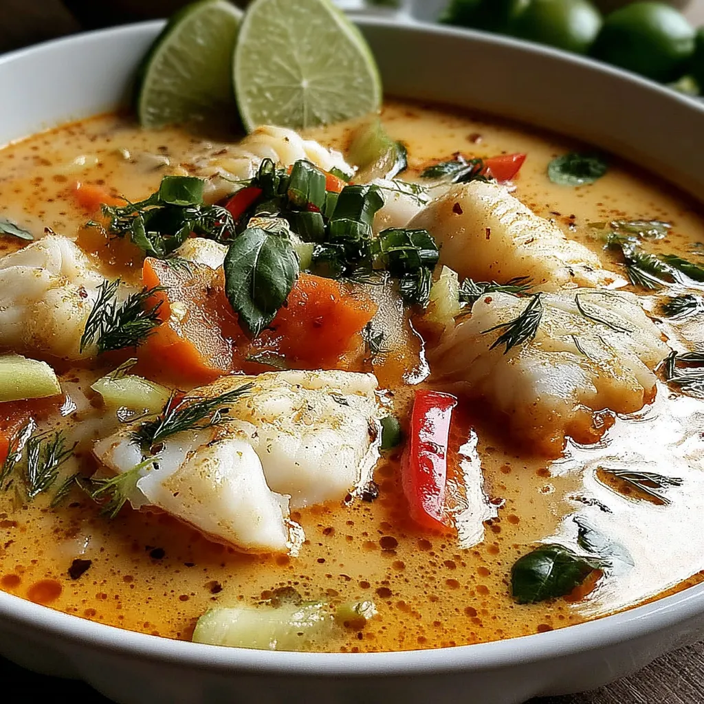 A bowl of fish soup with lime and cilantro.