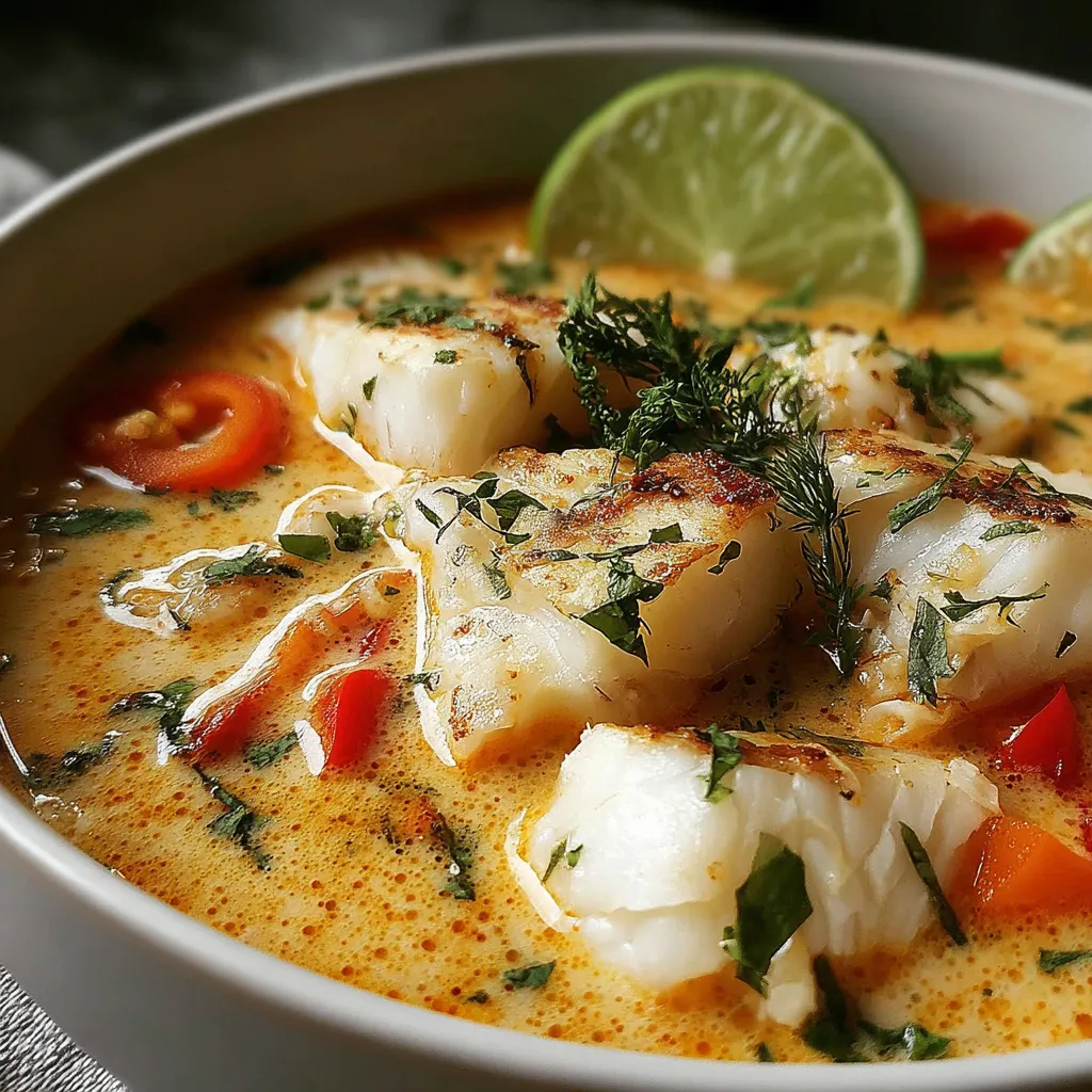 A bowl of fish soup with lime and coconut.