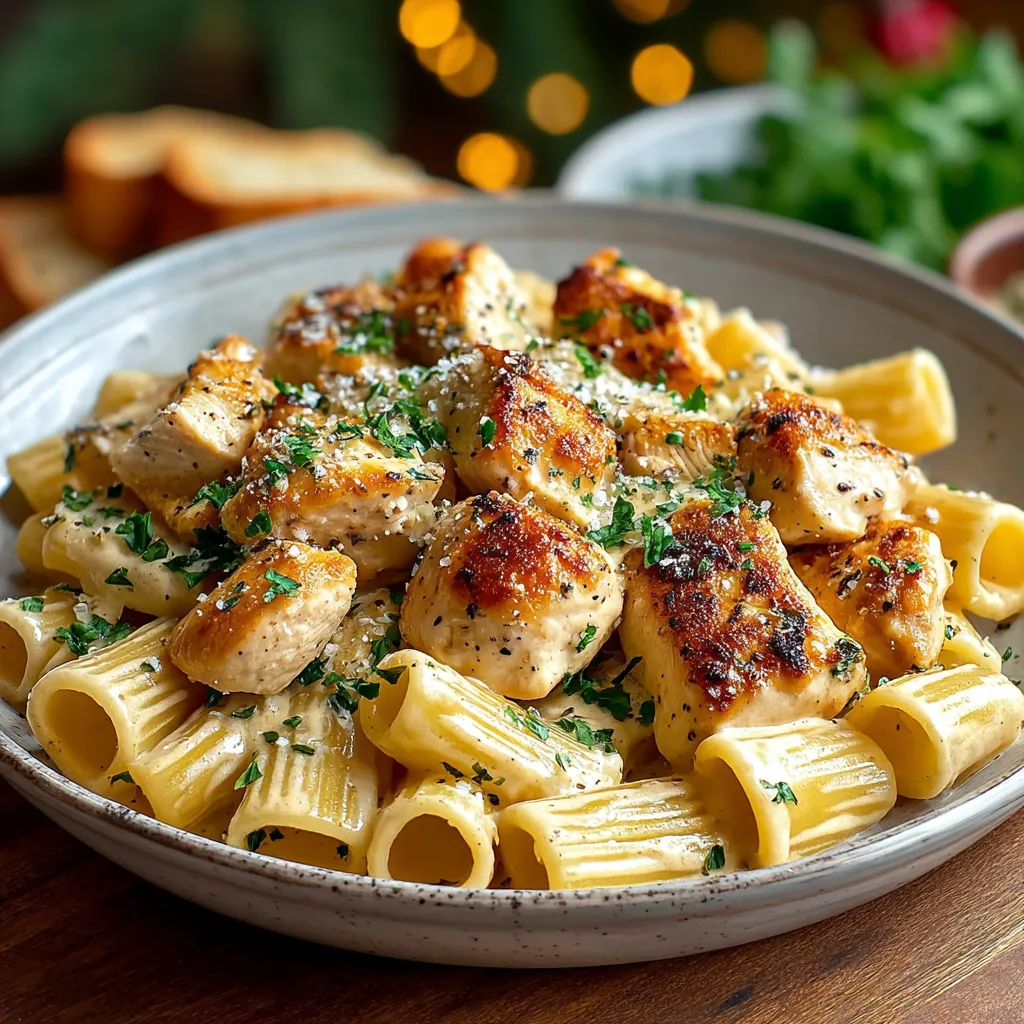 A plate of garlic Parmesan chicken rigatoni.