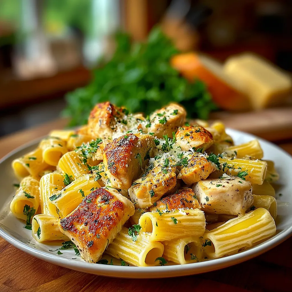 A plate of garlic Parmesan chicken rigatoni.