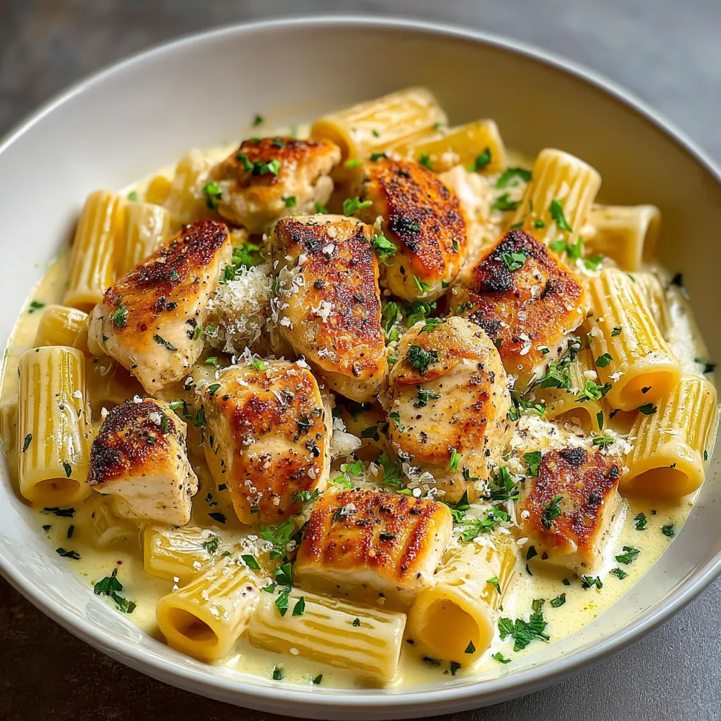 A bowl of garlic Parmesan chicken rigatoni.