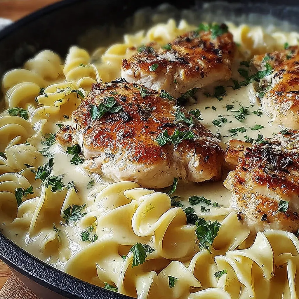 A delicious meal of chicken and noodles.