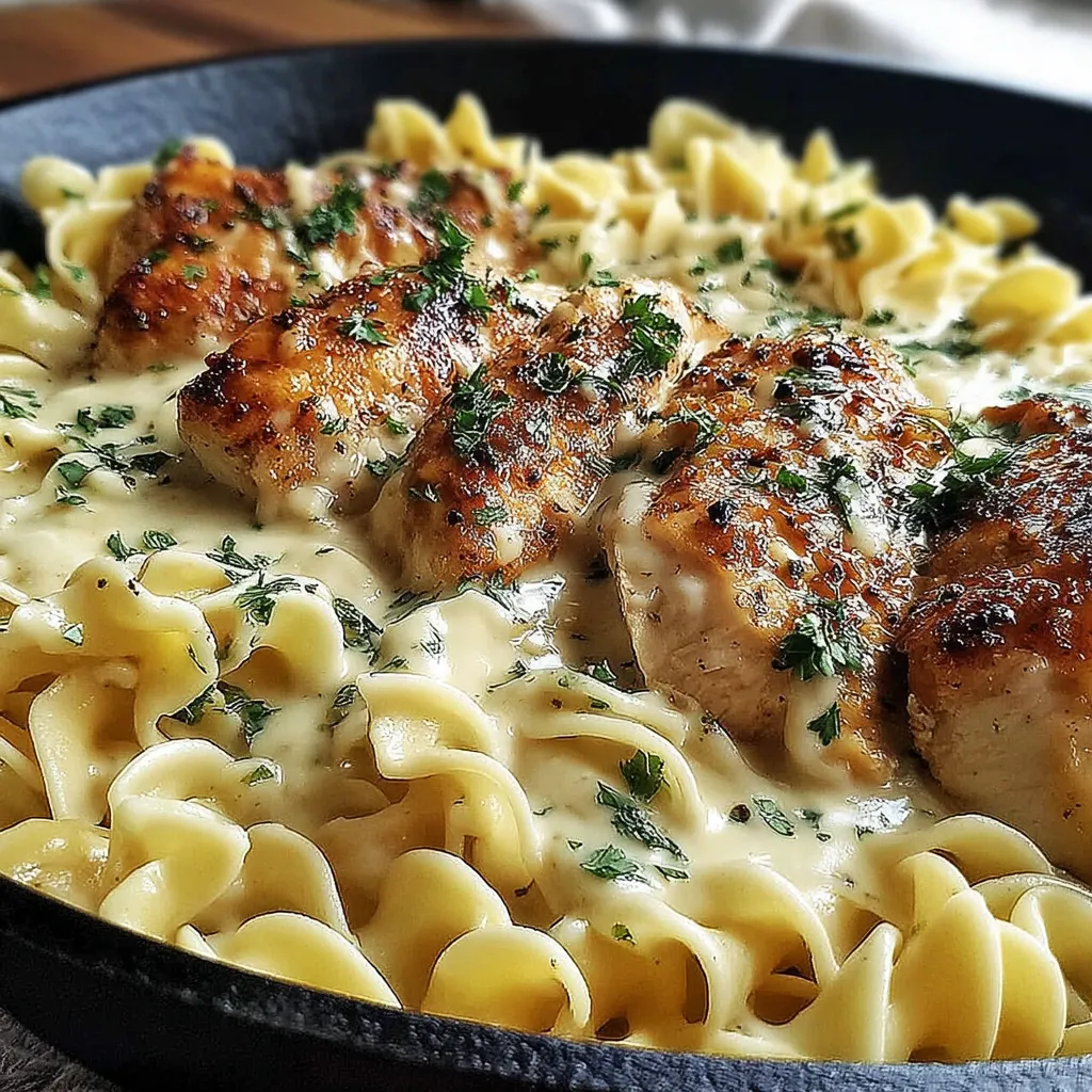 A delicious meal of chicken and noodles.