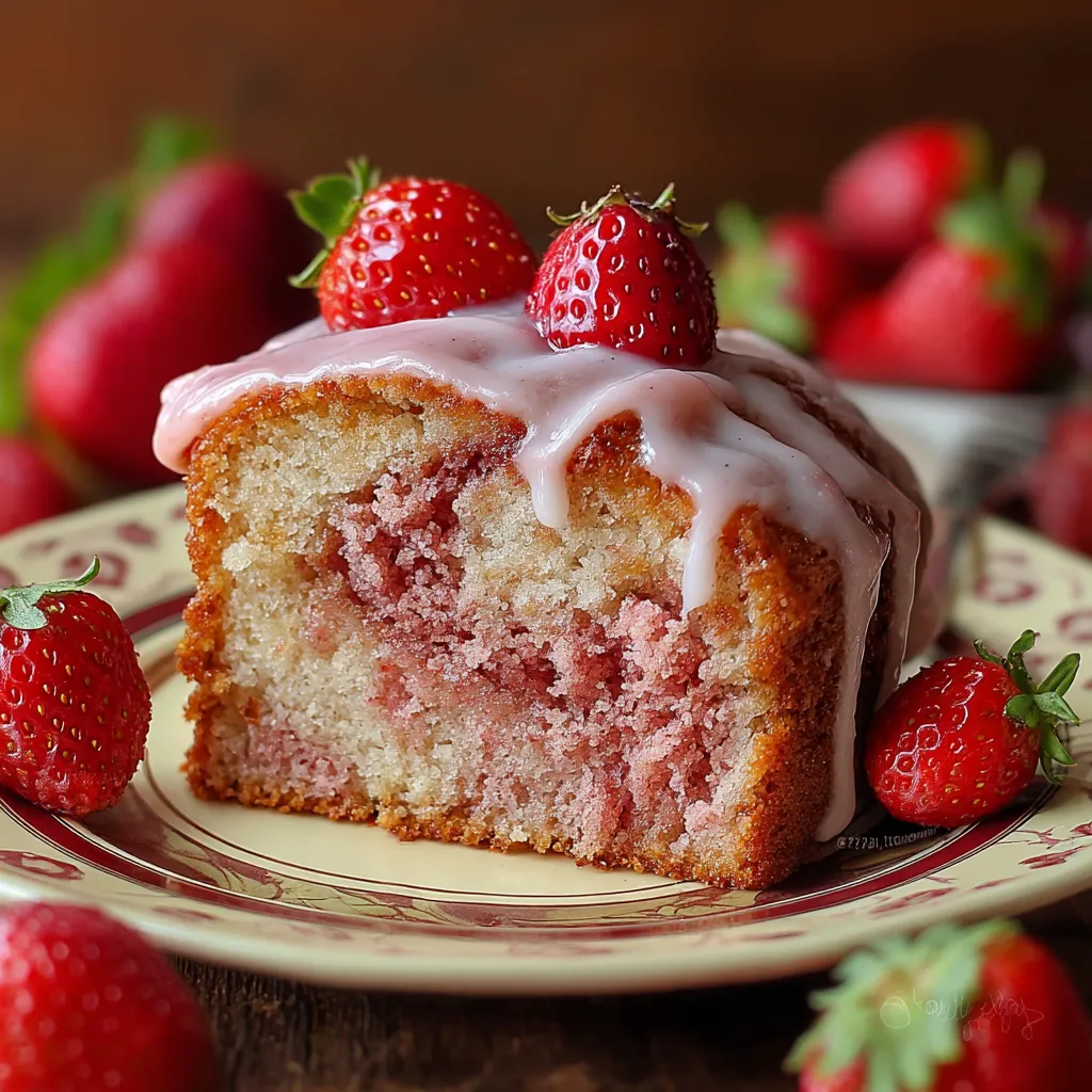 A slice of strawberry honeybun cake with strawberries on top.