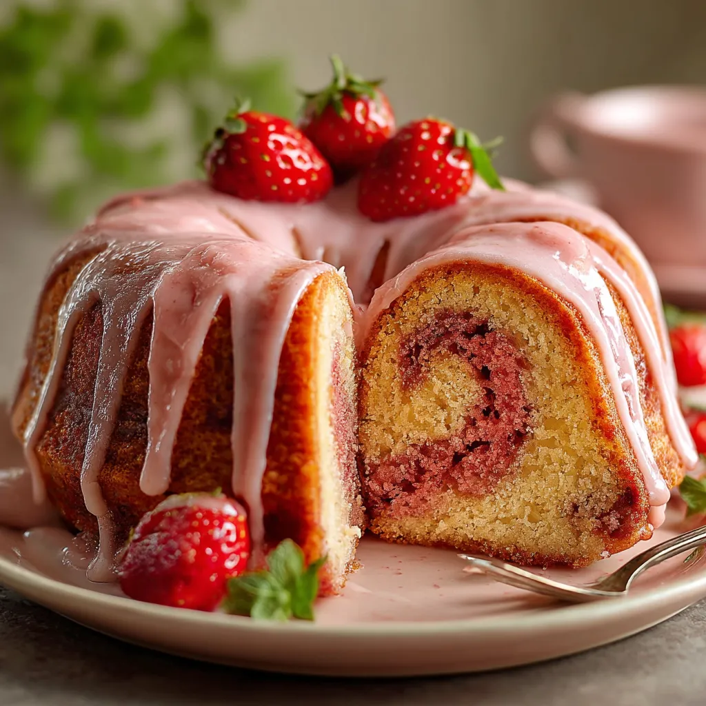 A slice of a strawberry honeybun cake.