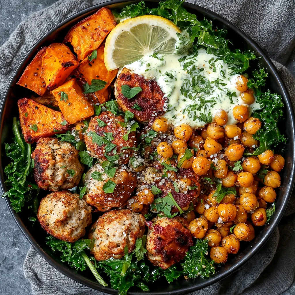 A bowl of food with meatballs, chicken, and vegetables.