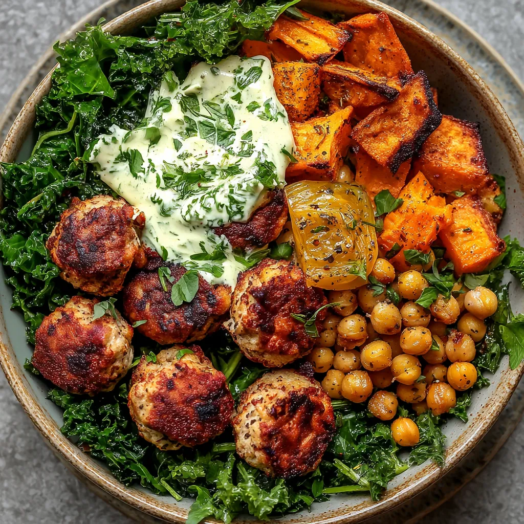 A bowl of food with meatballs, chicken, and vegetables.