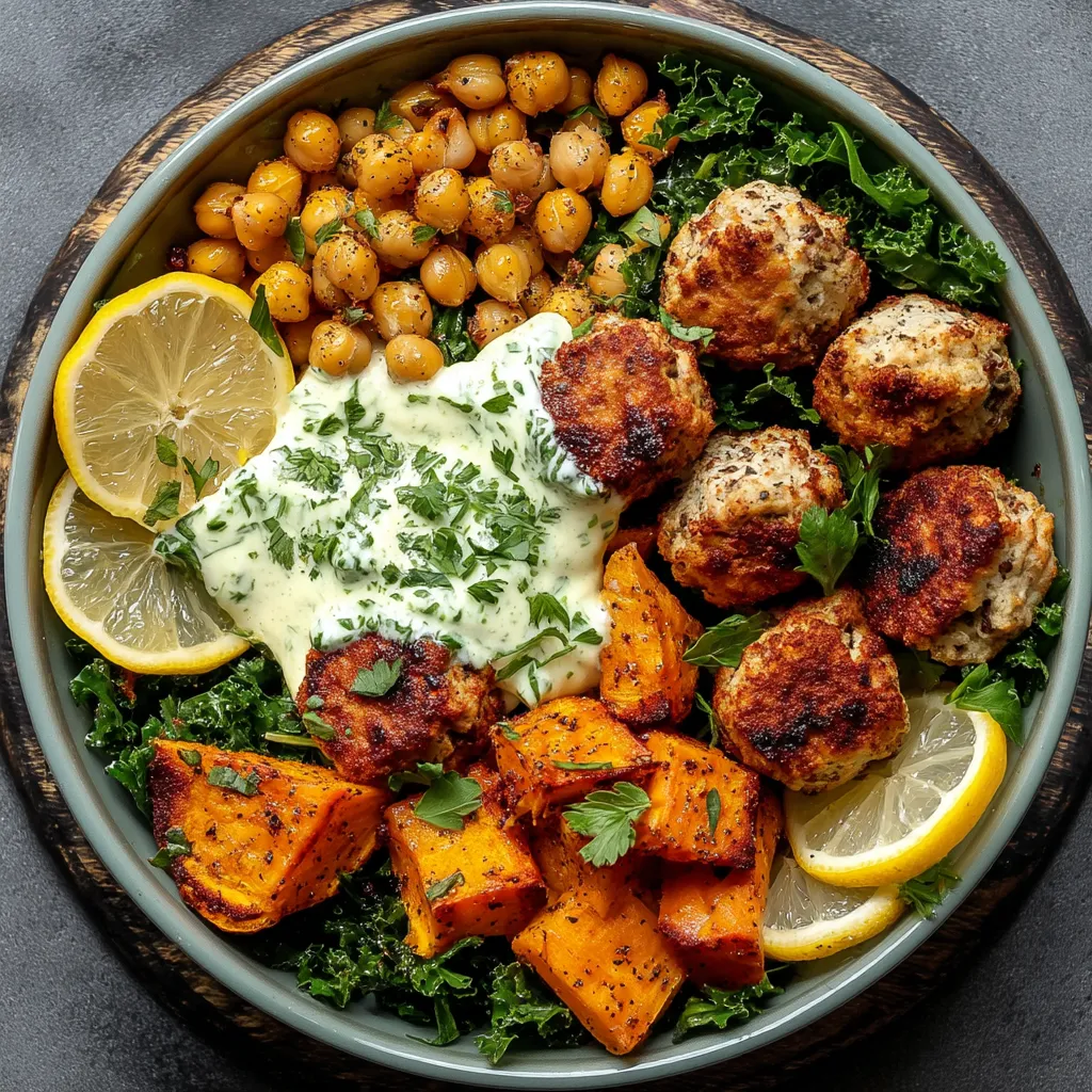 A bowl of food with meatballs, chicken, and vegetables.