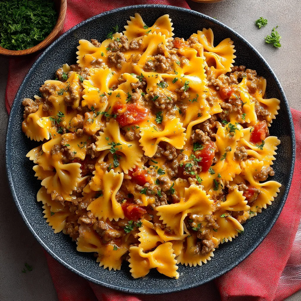 A plate of pasta with meat and tomatoes.