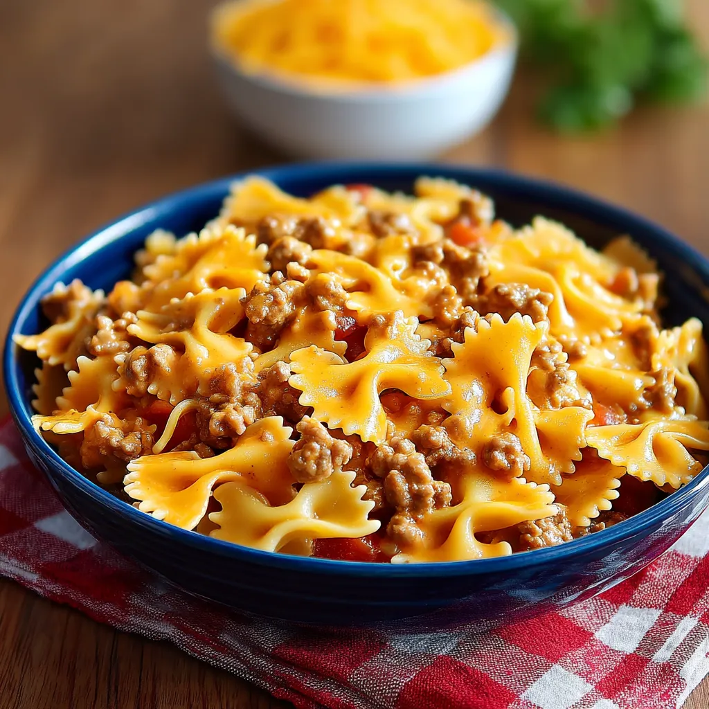 A bowl of pasta with beef and cheese.