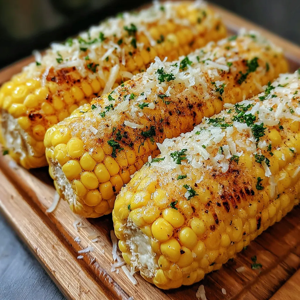 A plate of corn on the cob with cheesy garlic butter.