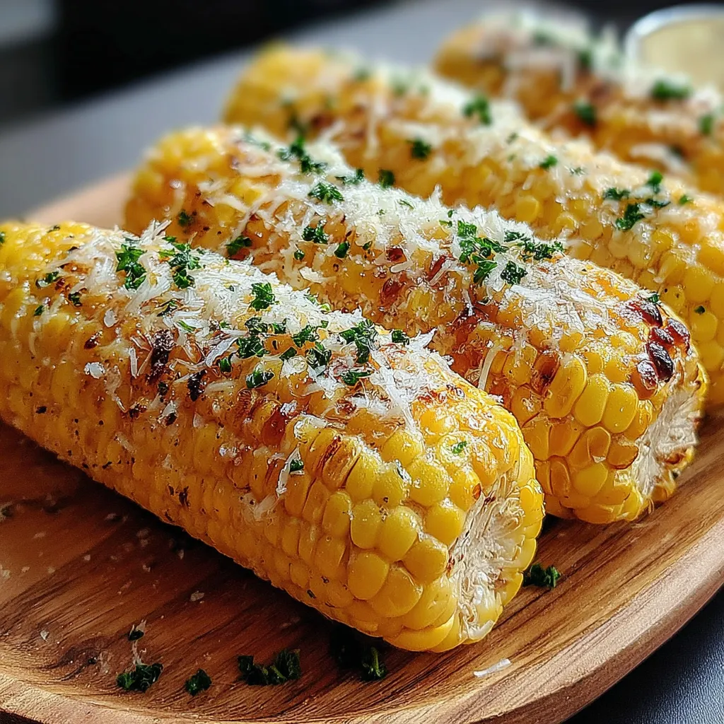 A plate of corn on the cob with cheesy garlic butter.