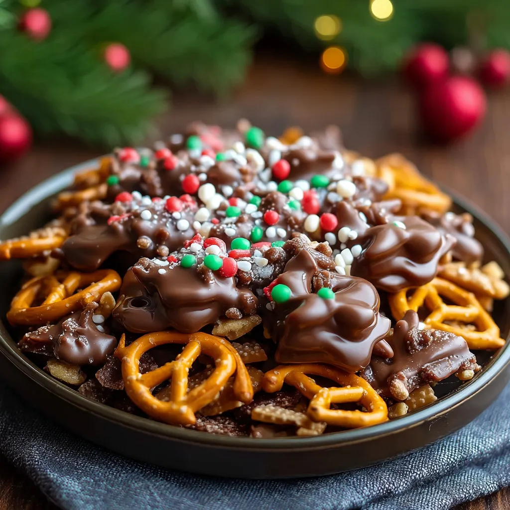 A plate of chocolate covered pretzels with Christmas decorations.
