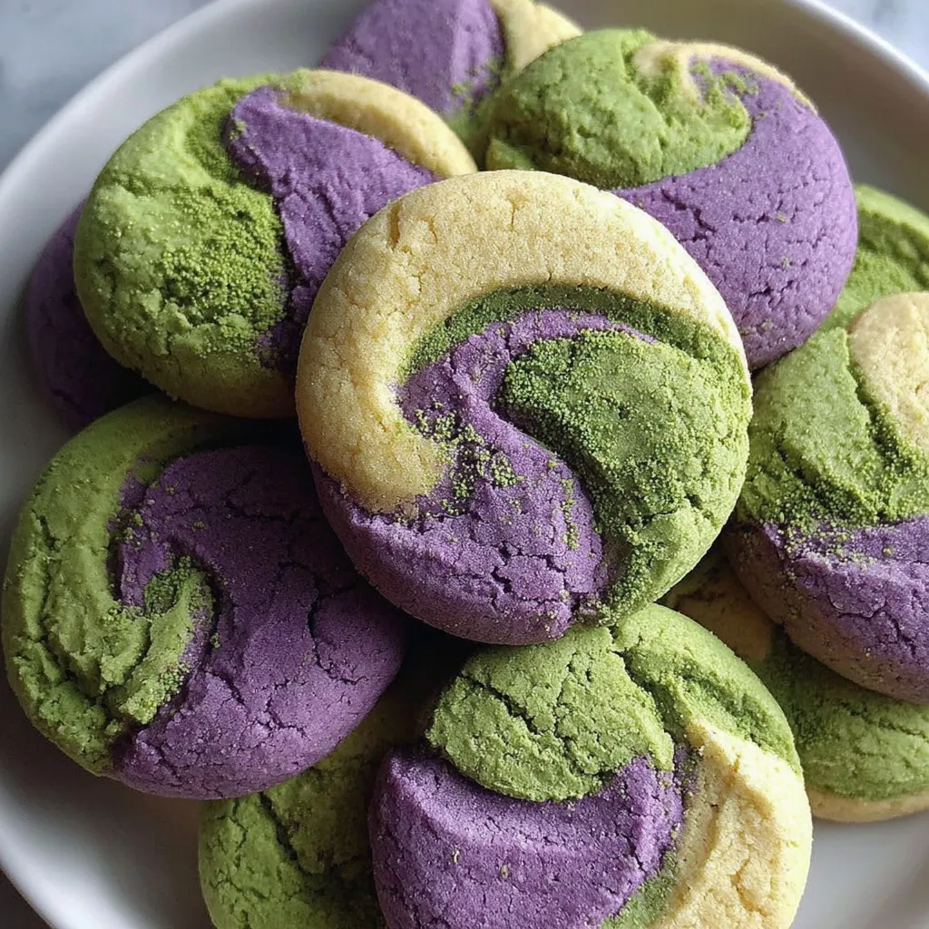 A plate of green and purple cookies.