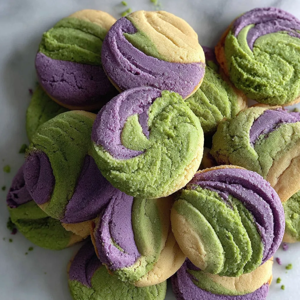 A stack of green and purple cookies.