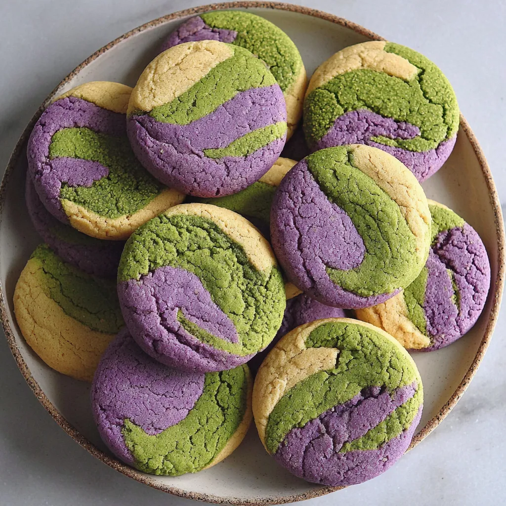 A plate of green and purple cookies.