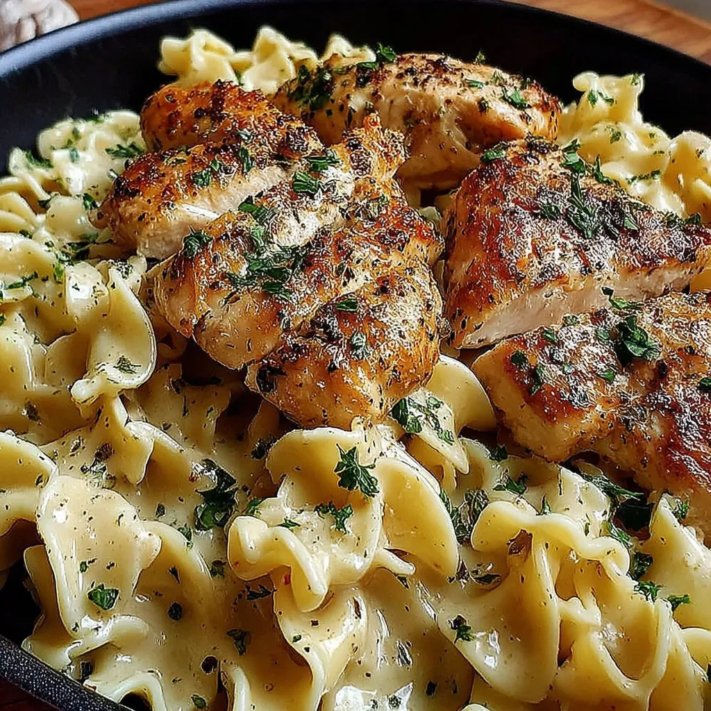 A plate of pasta with chicken and herbs.