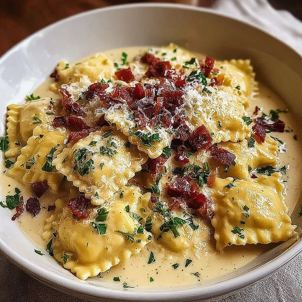 A bowl of creamy olive garden ravioli carbonara.