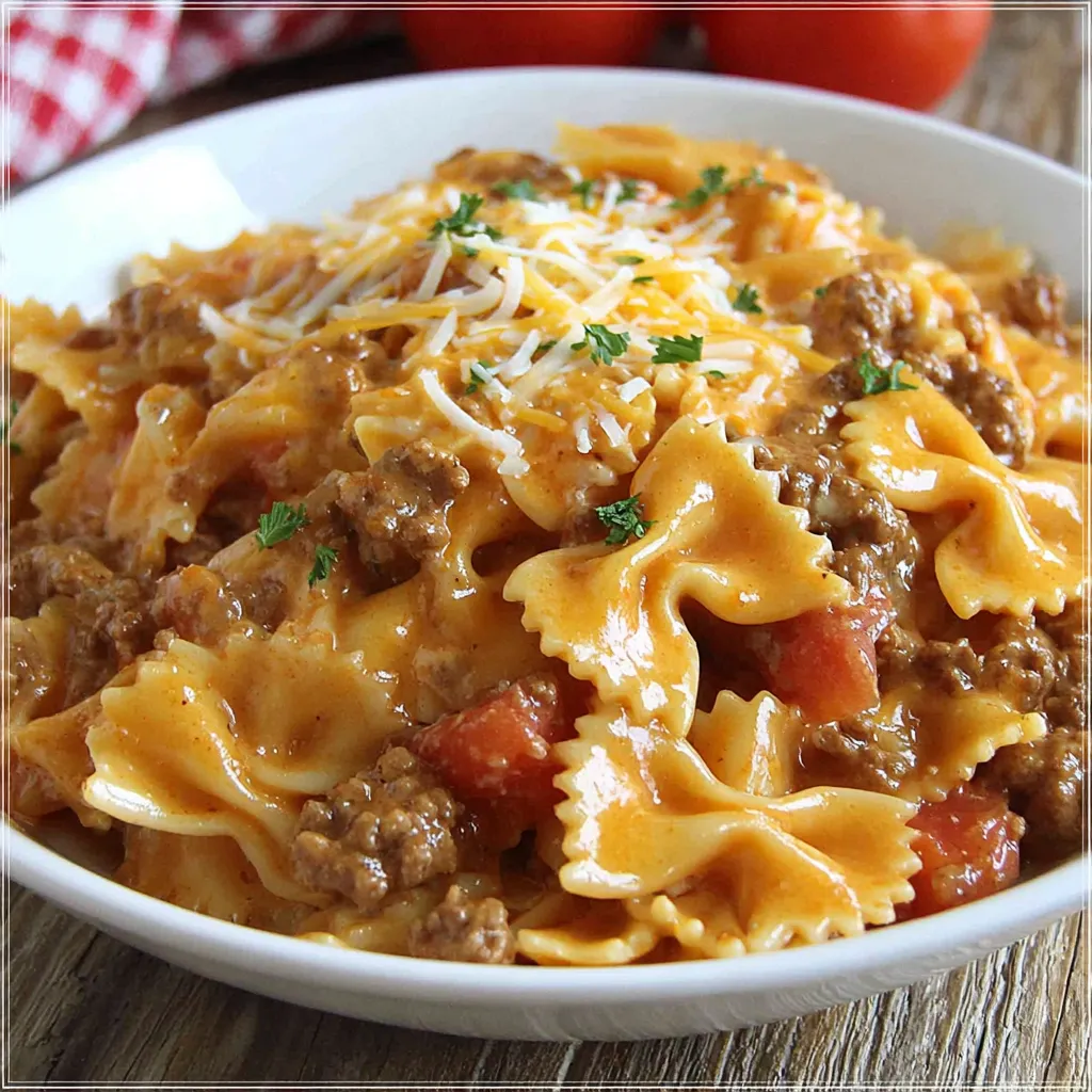 A bowl of creamy velveeta beef and bowtie pasta.