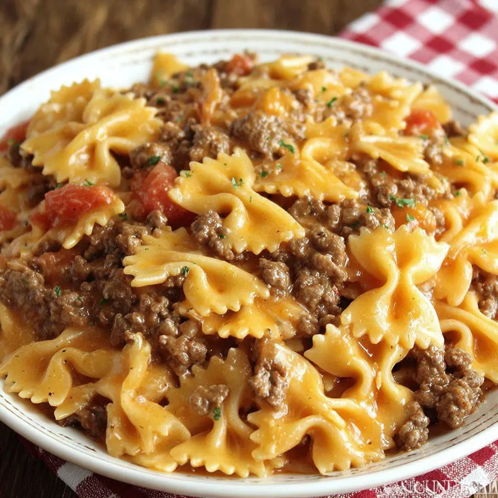 A plate of creamy velveeta beef and bowtie pasta.