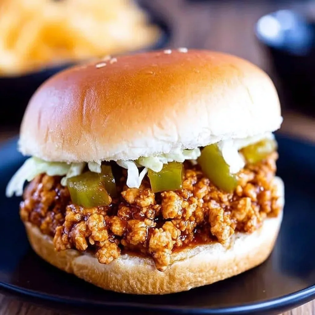 A sloppy joe sandwich with pickles and lettuce on a bun.