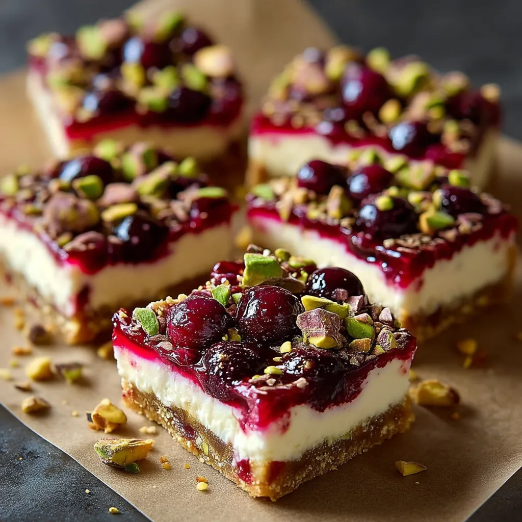 A close up of a slice of cherry pistachio cheesecake bar.