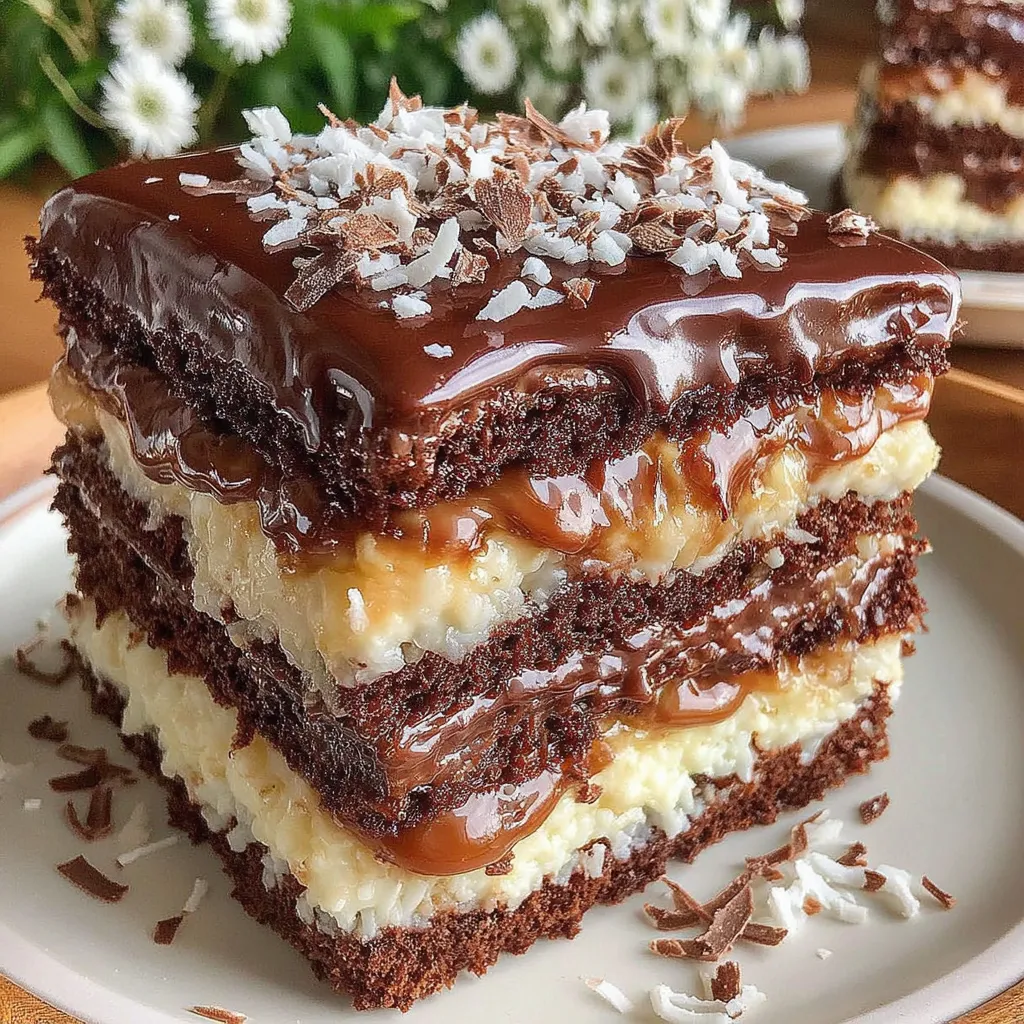 A three layer chocolate cake with white frosting and coconut on top.