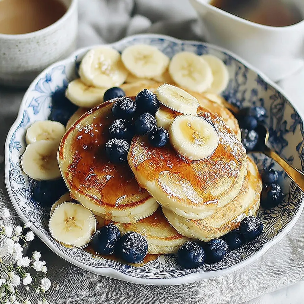 A stack of fluffy pancakes with blueberries and bananas on top.