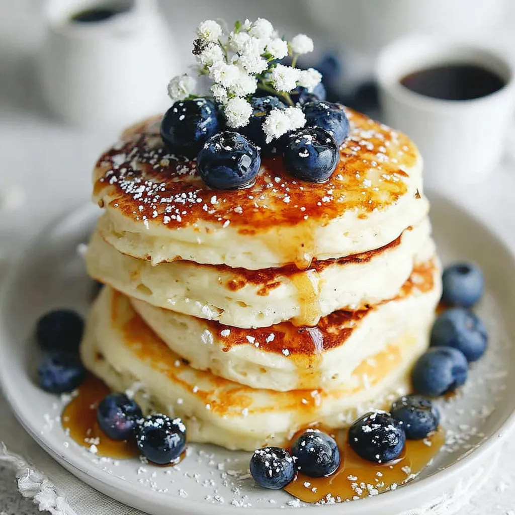 A stack of fluffy pancakes with blueberries on top.