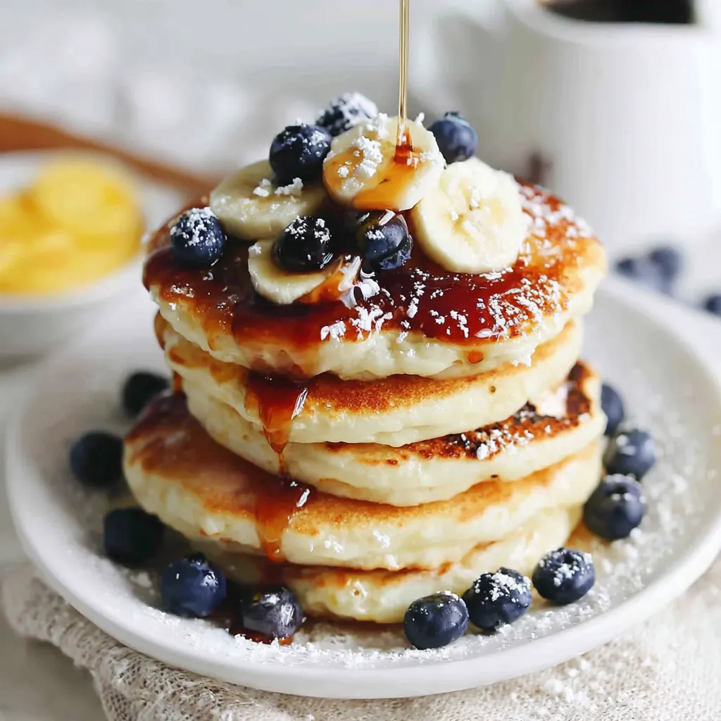 A stack of fluffy pancakes with bananas and blueberries on top.