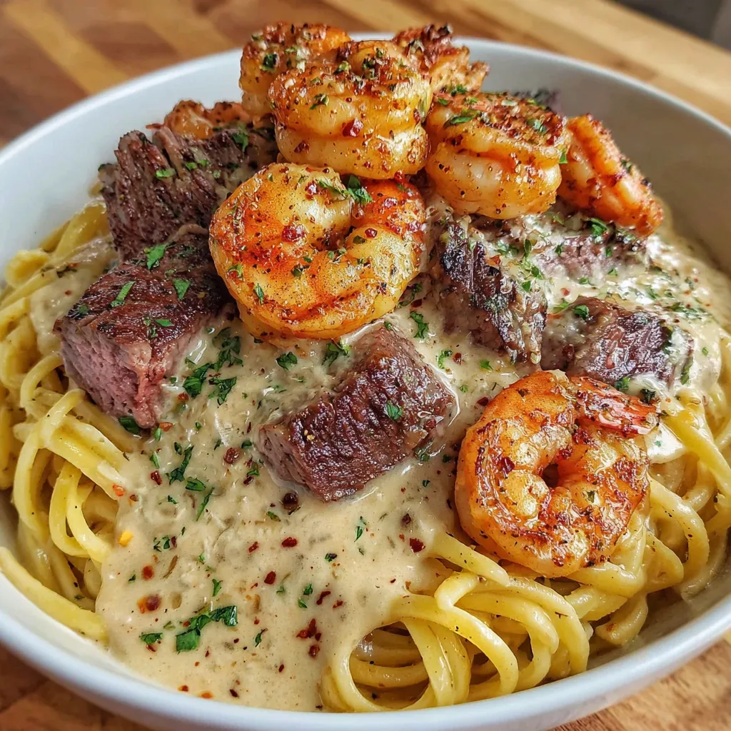 A bowl of Cajun Shrimp and Steak Alfredo Pasta.