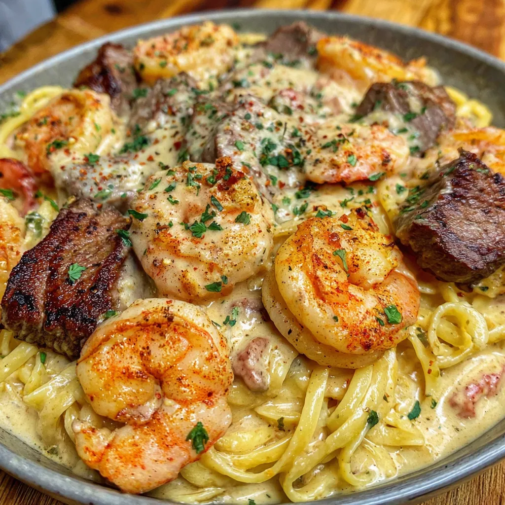 A dish of shrimp and steak Alfredo pasta.