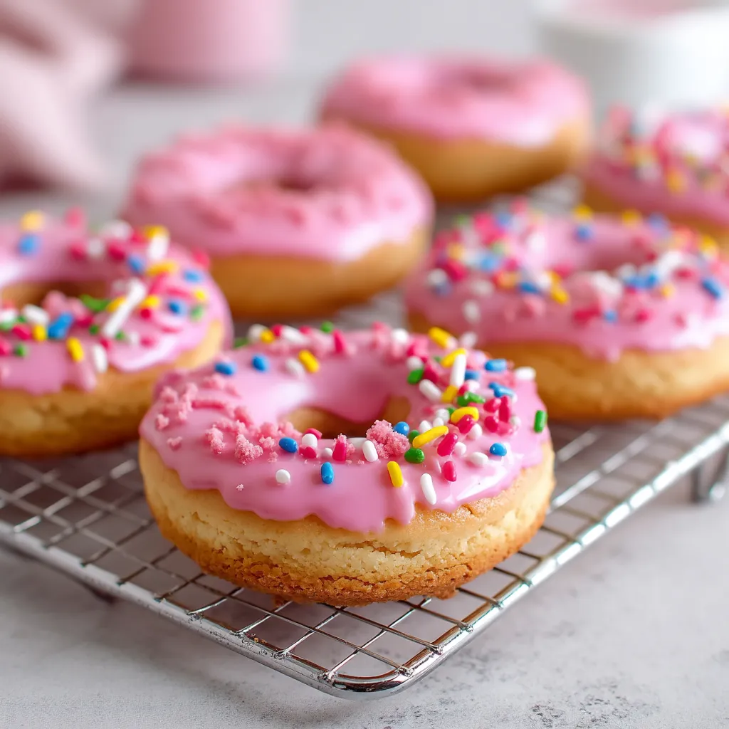 A tray of pink donuts with sprinkles.