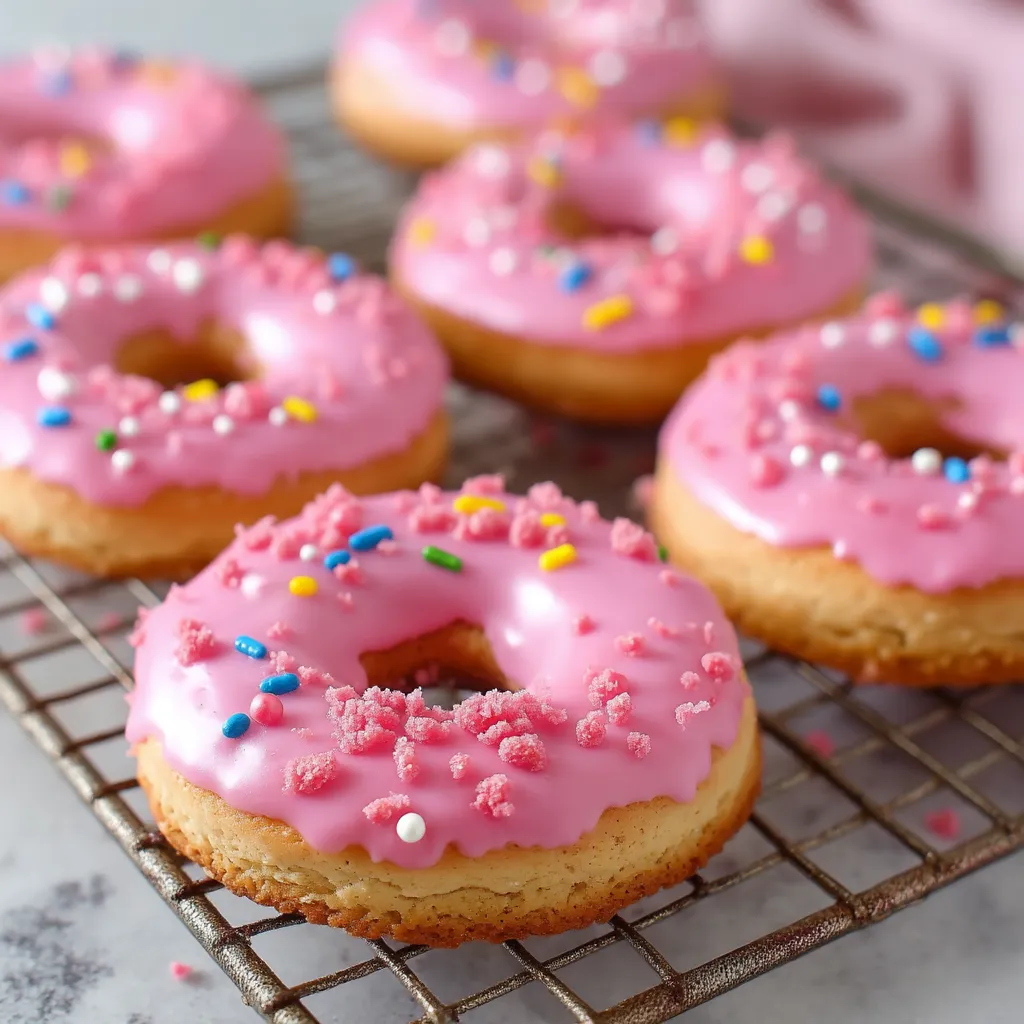 A tray of pink donuts with sprinkles.