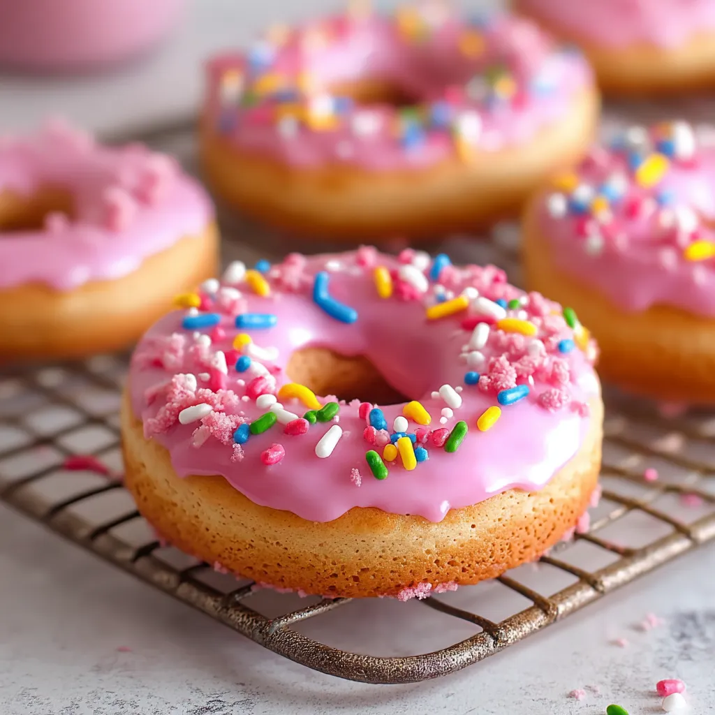 A pink donut with sprinkles on a cooling rack.