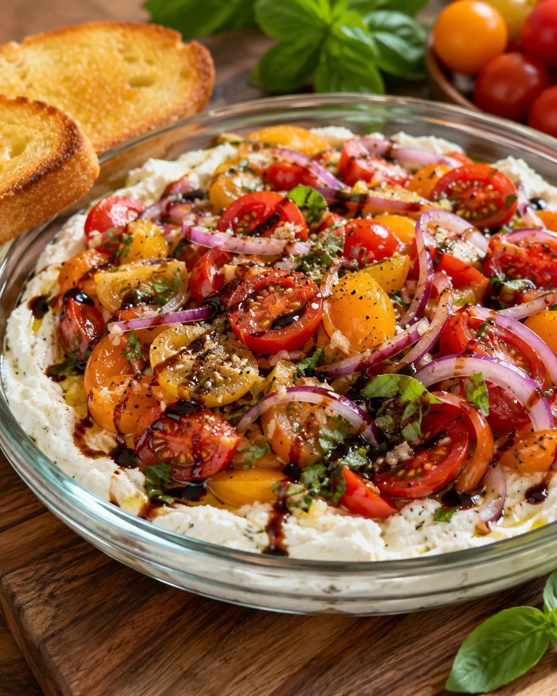 A bowl of Boursin Bruschetta Dip with tomatoes and onions.