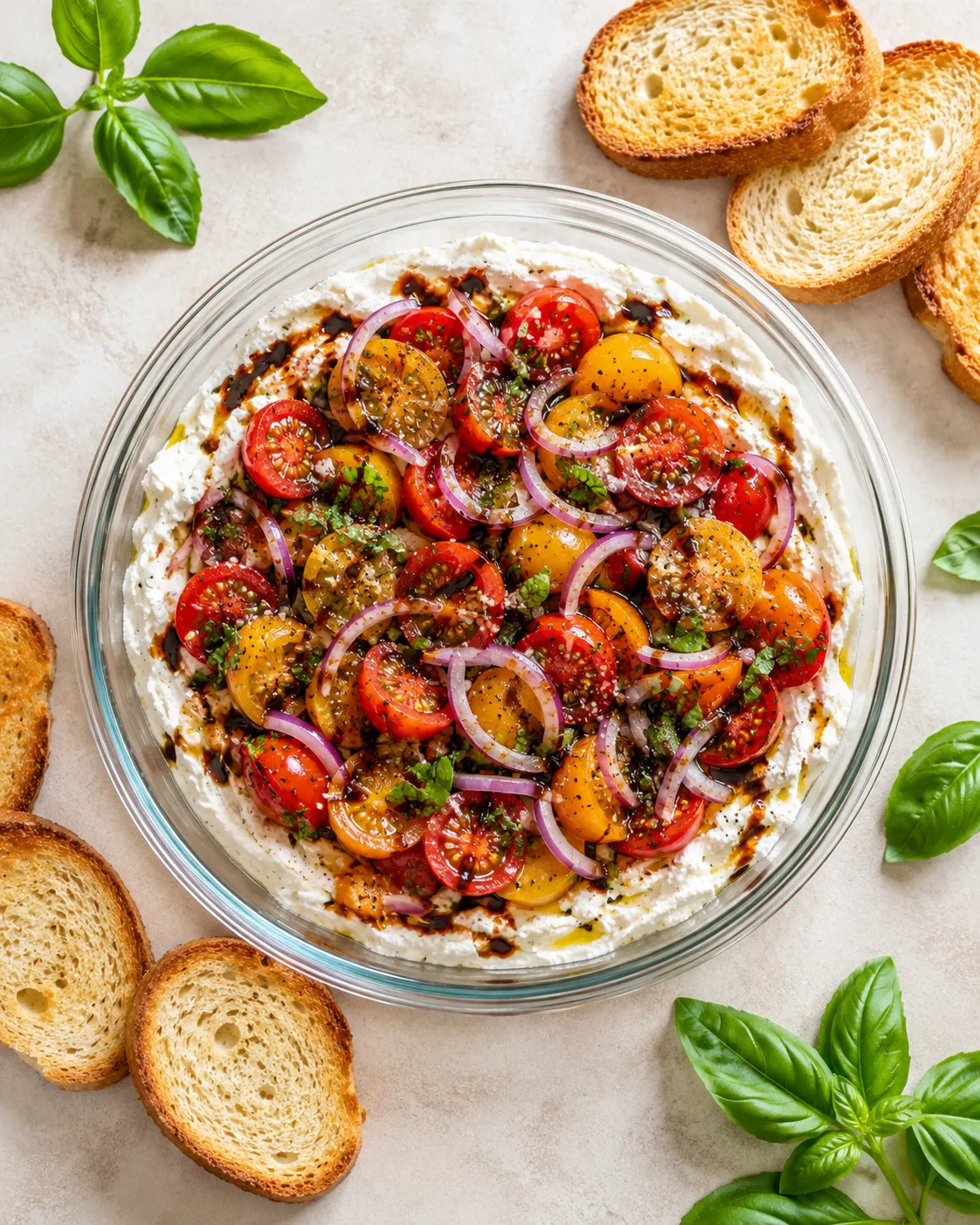 A glass bowl filled with a dip made from Boursin cheese.