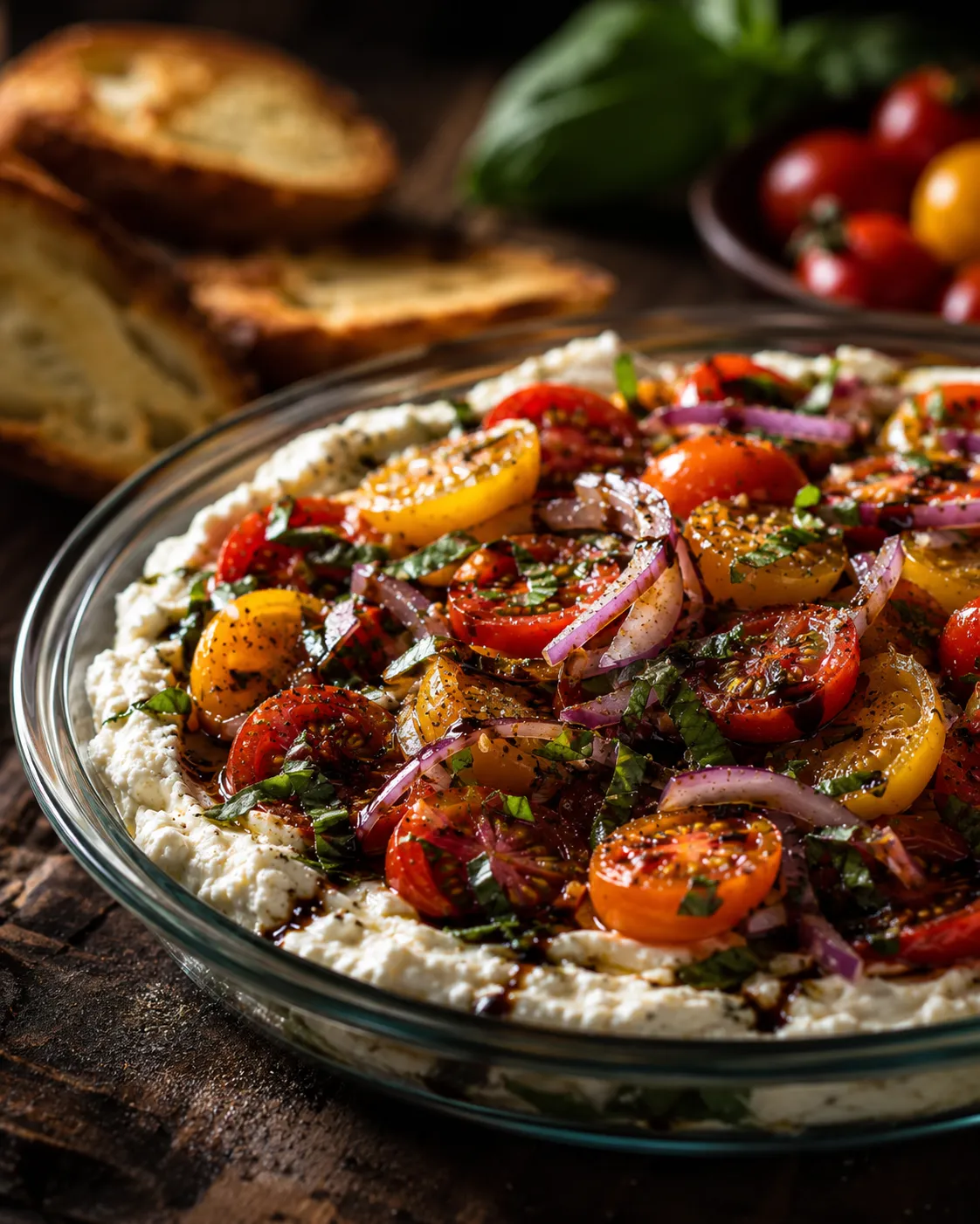 A glass bowl filled with a dip made from tomatoes, onions, and cheese.