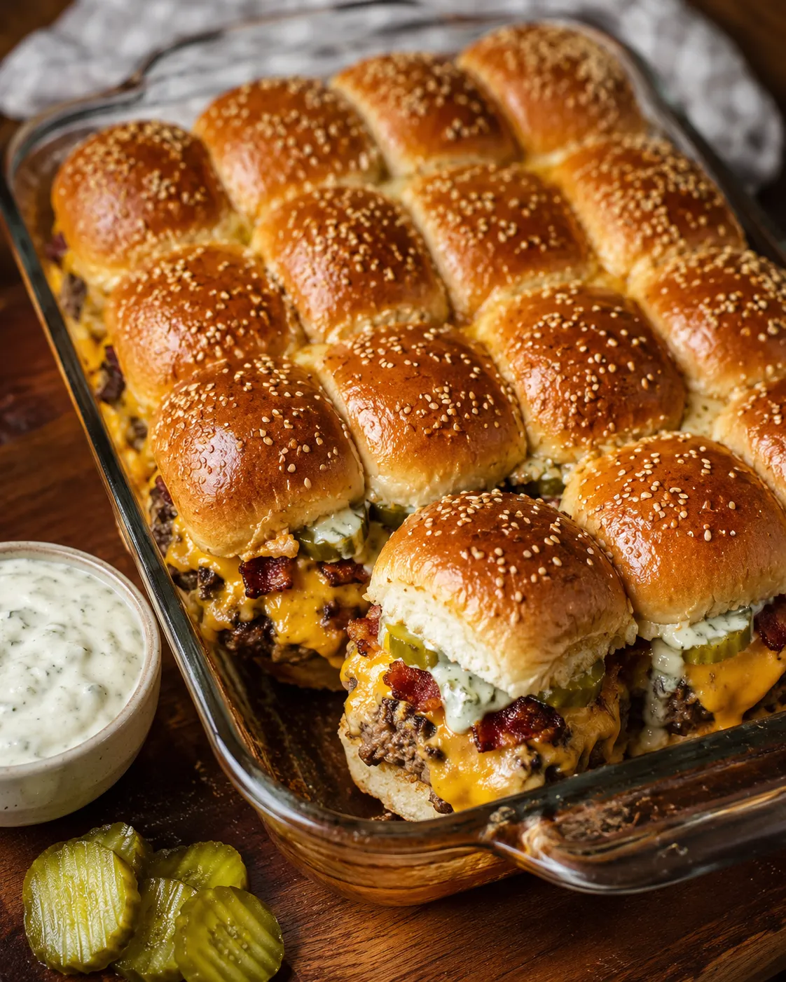 A pan of bacon cheeseburger pickle ranch sliders.