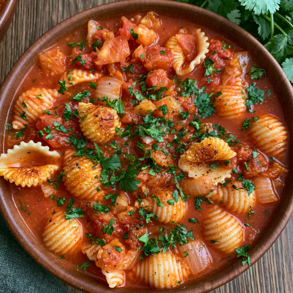 A bowl of pasta with tomatoes and herbs.