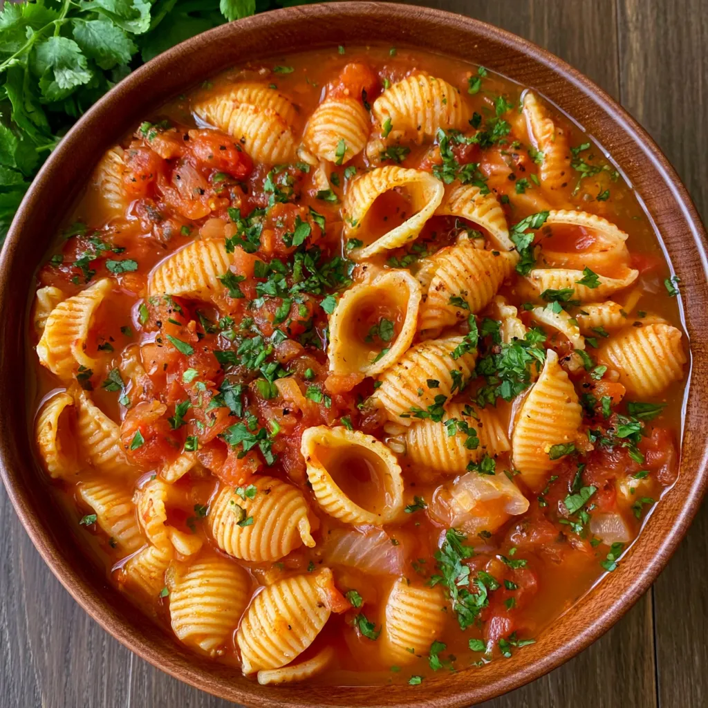 A bowl of pasta with tomatoes and spices.