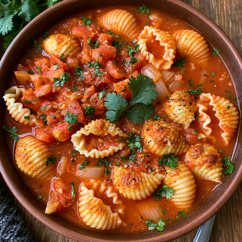 A bowl of pasta with tomatoes and herbs.