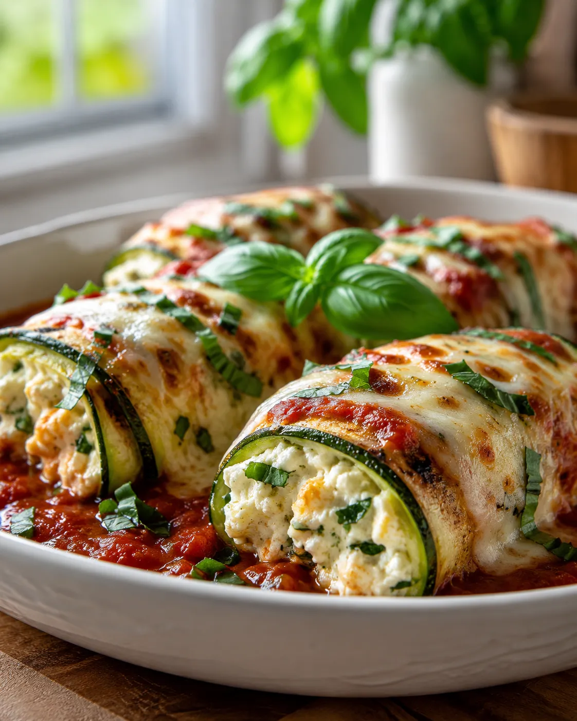 A plate of zucchini stuffed with ricotta cheese.