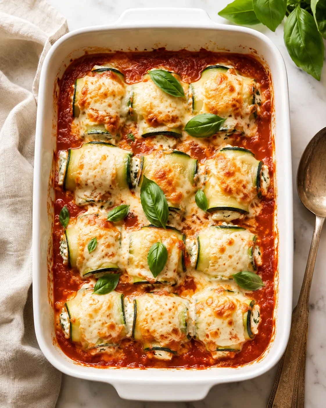 A dish of zucchini filled with ricotta cheese.