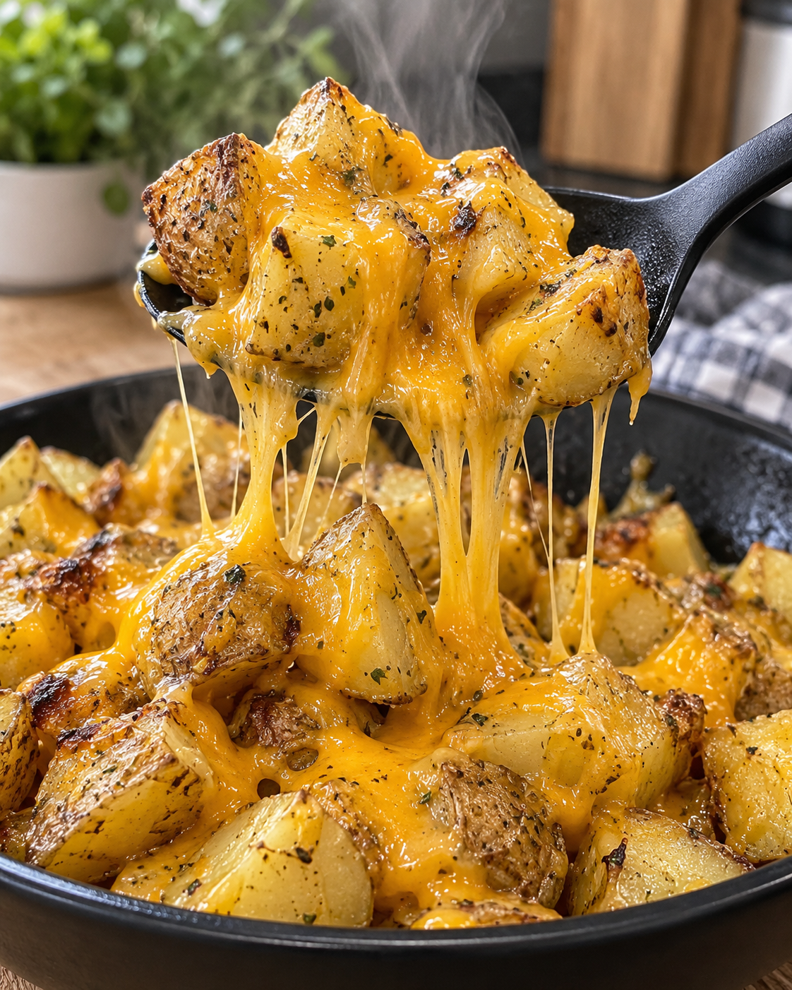 A close up of cheesy potatoes in a pan.