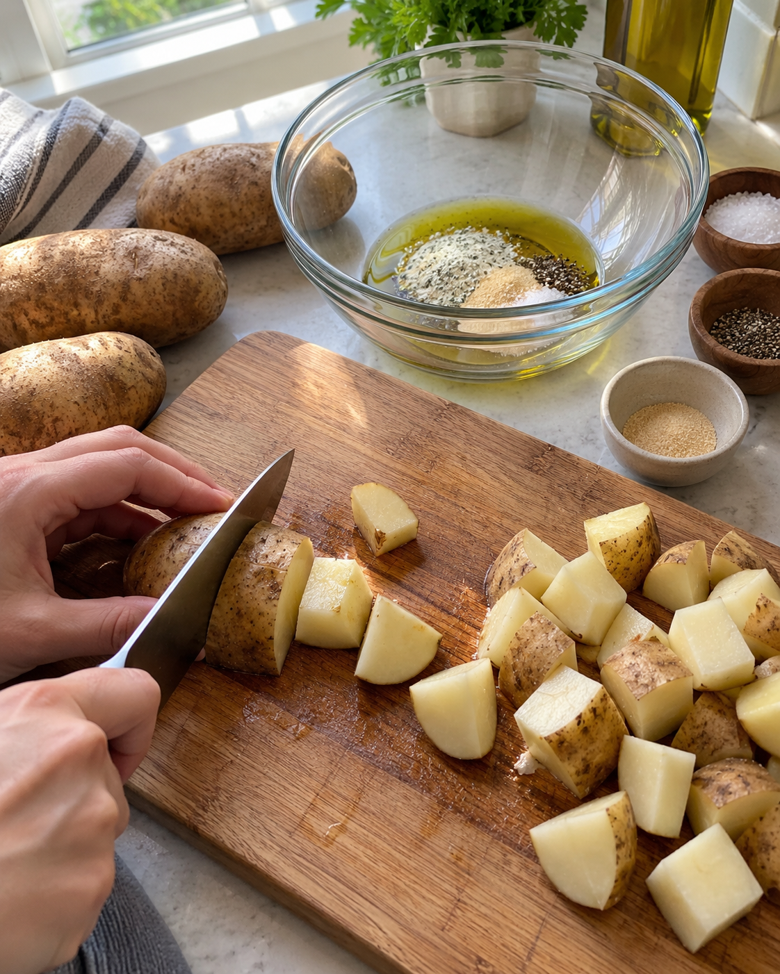 A person is cutting potatoes on a cutting board.